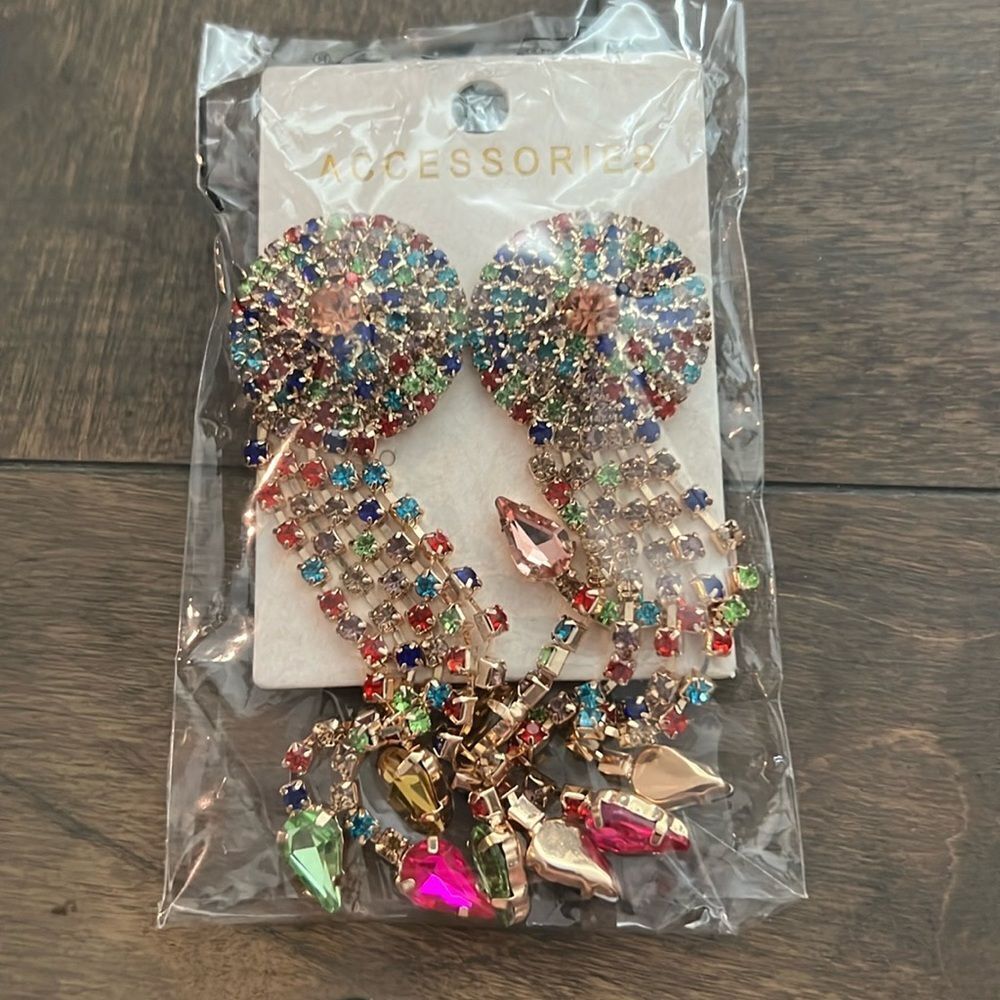 New Sphere Multi Rainbow Chandelier Dangle Arrow Fringe Sterling Silver Earrings - Picture 9 of 10